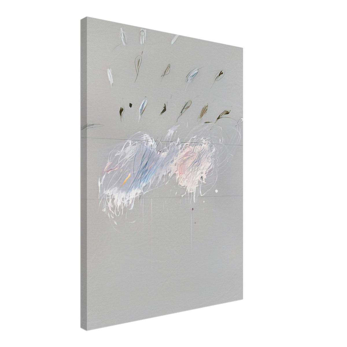Nine Discourses on Commodus, Part VI by Cy Twombly, canvas print, soft gray background with delicate white brushstrokes, subtle blue, 50x70 cm (20x28 in)