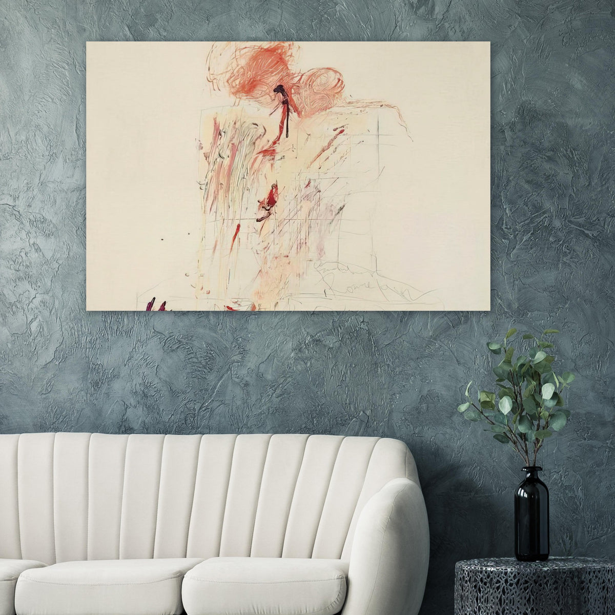 Death of Pompey (Rome) by Cy Twombly poster: This dramatic composition features expressive red and reddish-orange marks across a pale background….