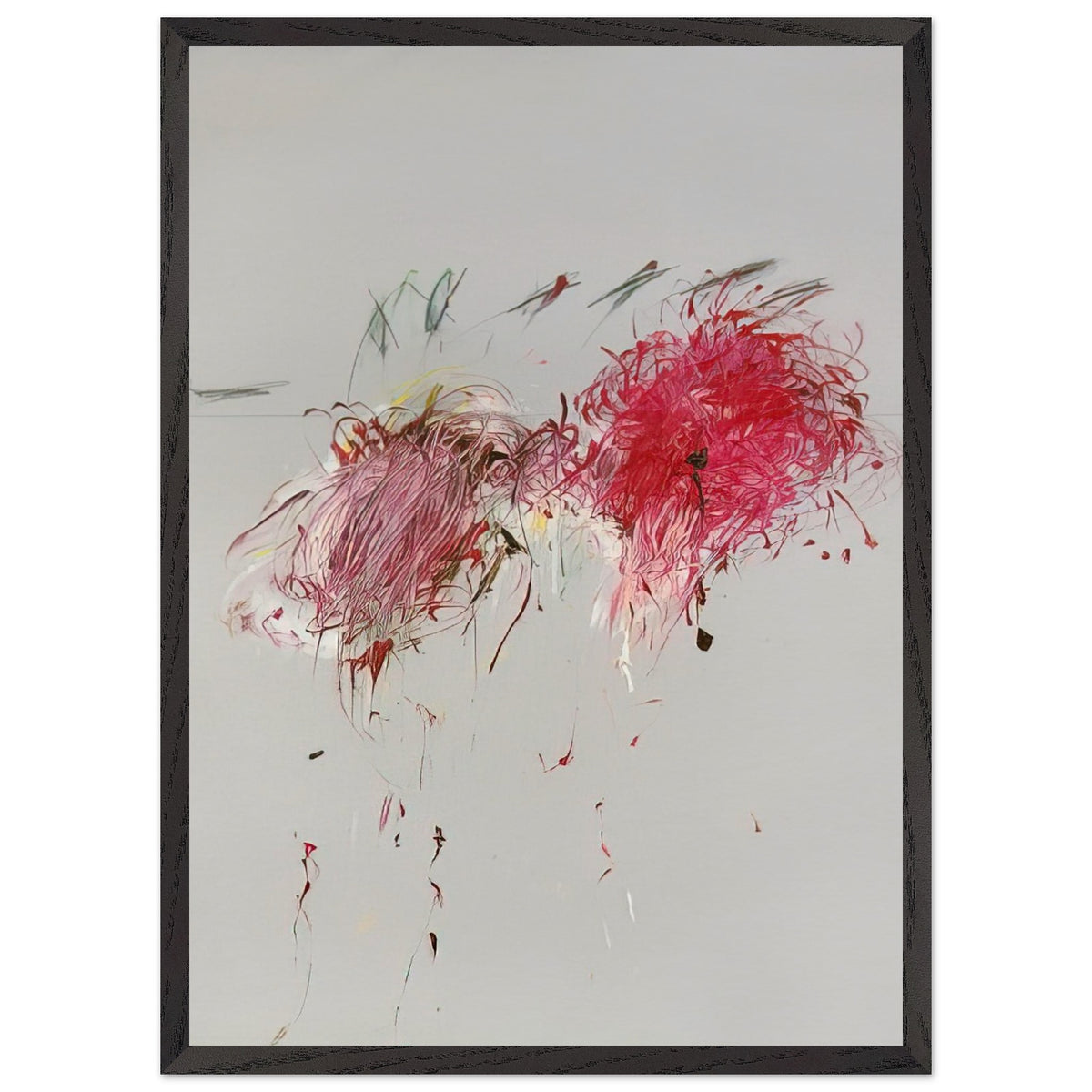 Nicola's Irises by Cy Twombly, framed art print, 70x100 cm / 28x40″, Wood frame; sweeping red and crimson brushstrokes, delicate pink accents, cool blue details