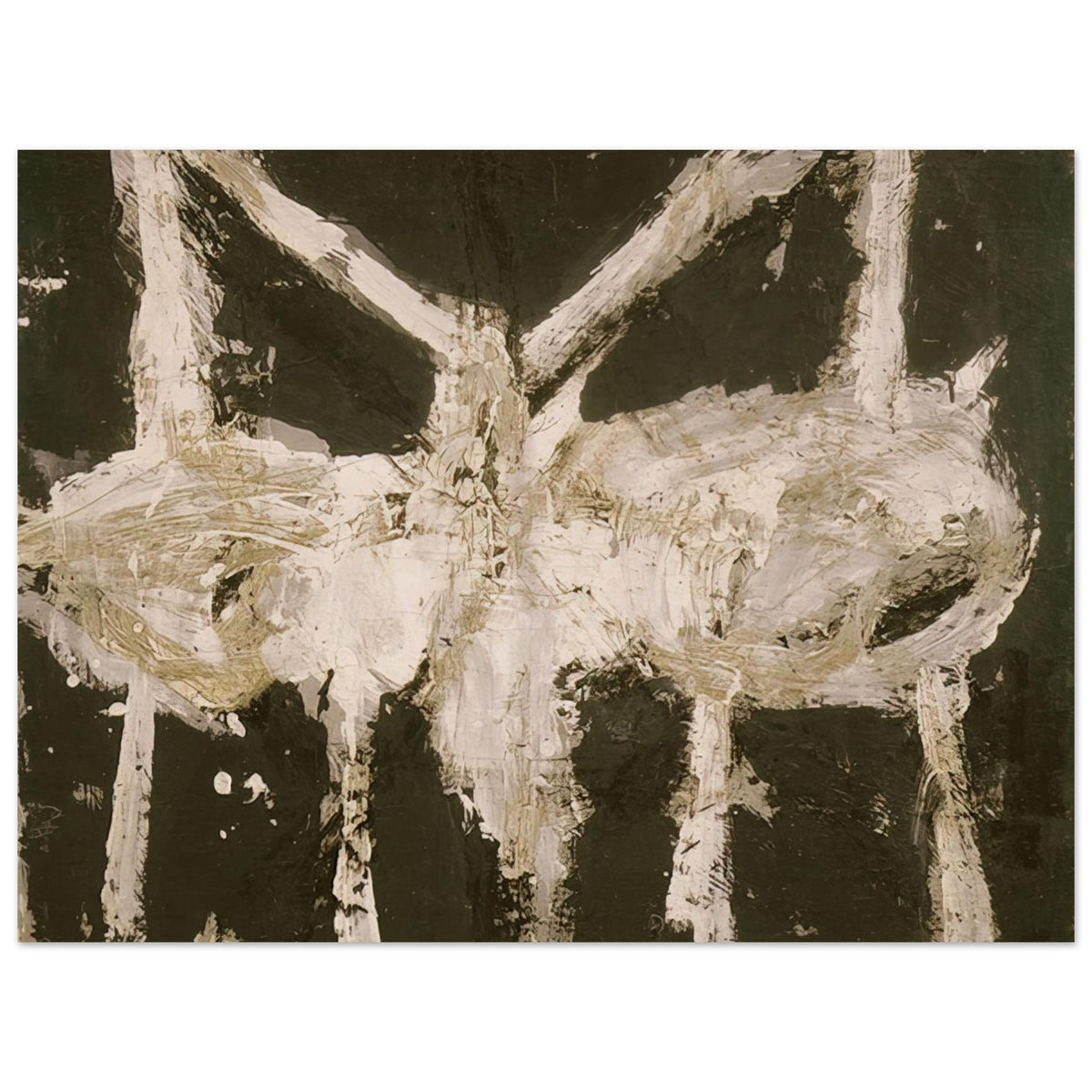 Min-Oe by Cy Twombly poster, 100 × 150 cm / 40 × 60 in: This striking composition features expressive ivory-white forms against a deep, dark background….