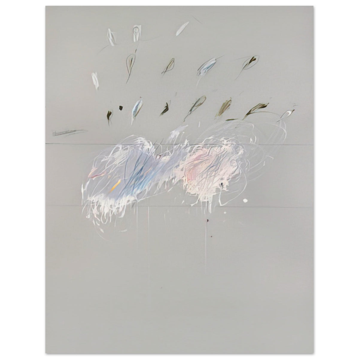 Nine Discourses on Commodus, Part VI by Cy Twombly, poster, muted gray background, delicate white brushstrokes, 50x70 cm (20x28 in)