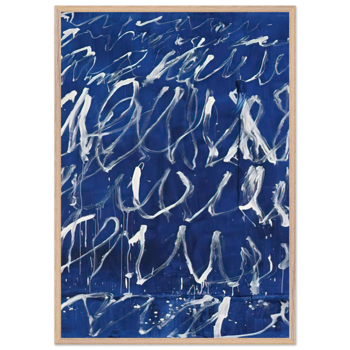 Untitled by Cy Twombly, framed art print, deep blue ground covered with energetic white brushstrokes, looping, 70x100 cm (28x40 in), black frame