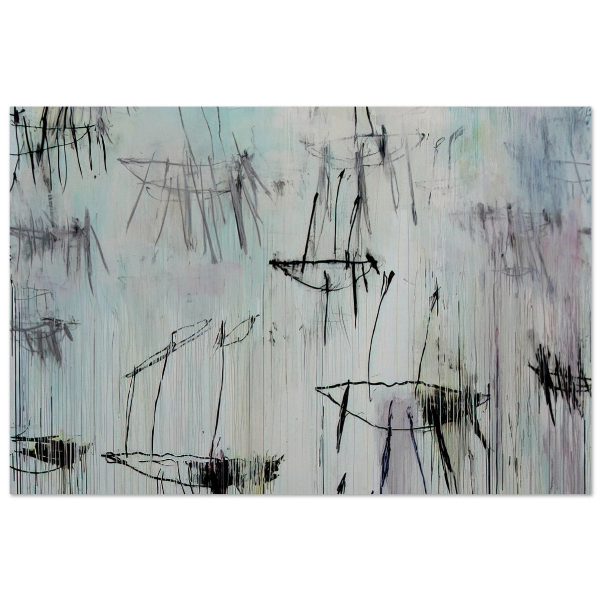 Lepanto, Part V by Cy Twombly poster, A3 (29.7 × 42 cm): This atmospheric composition features a pale blue-gray background layered with expressive black lines….