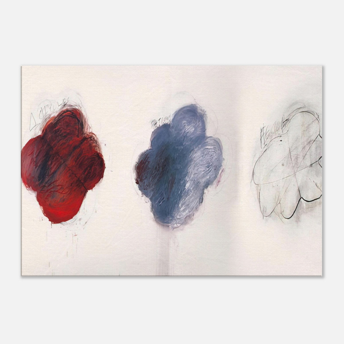 Fifty Days at Iliam: Shades of Achilles, Patroclus, and Hector by Cy Twombly canvas print: This striking composition features three cloud-like shapes arranged across a pale background: an intense….