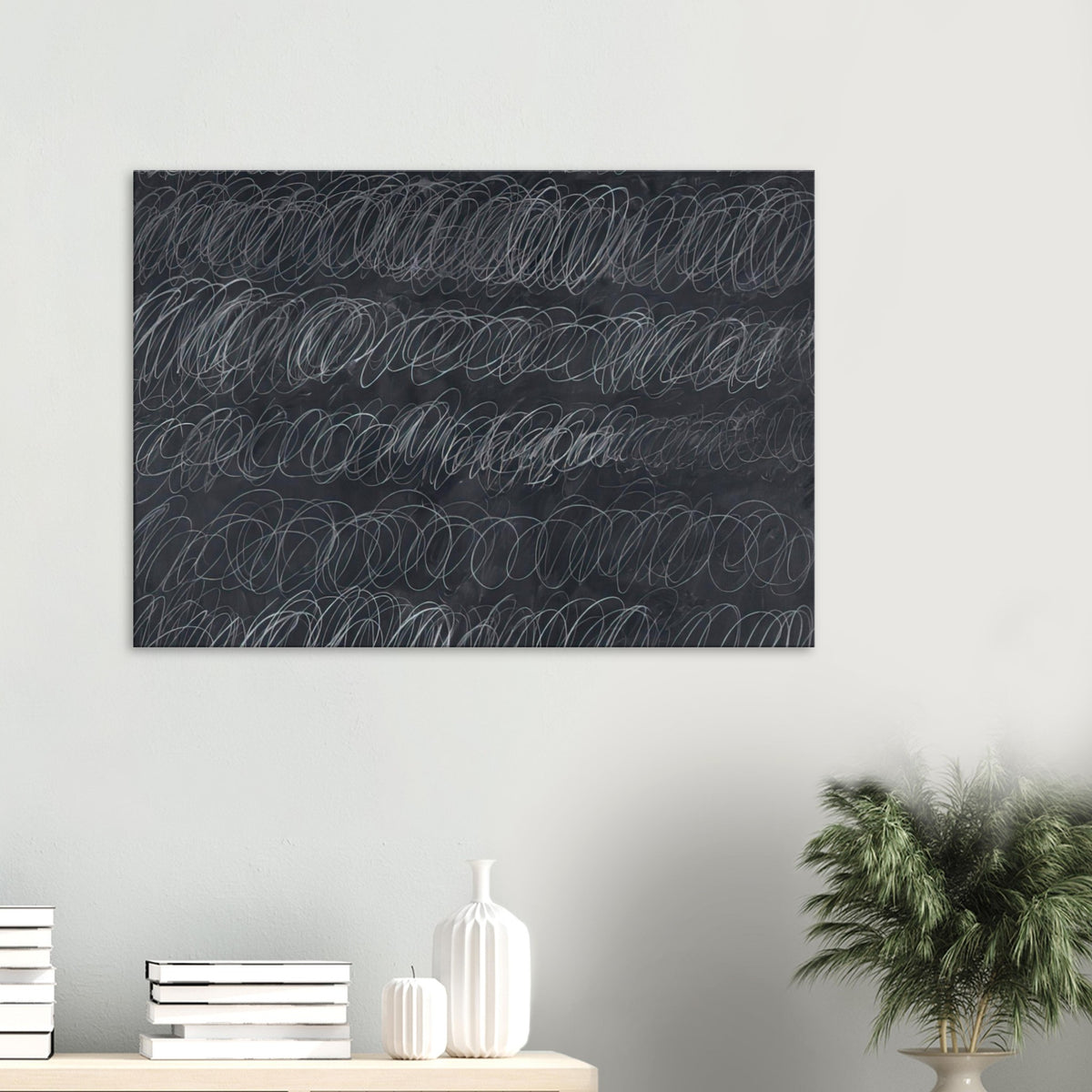 Cold Stream by Cy Twombly canvas print: repeated rows of overlapping white and gray loops across a deep charcoal-gray background.