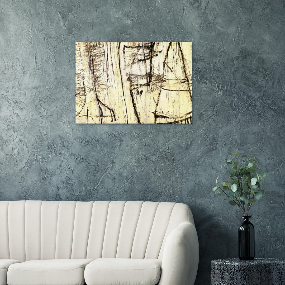 Tiznit by Cy Twombly canvas print: a warm ivory background layered with intricate black lines, angular gestures, crosshatched marks….