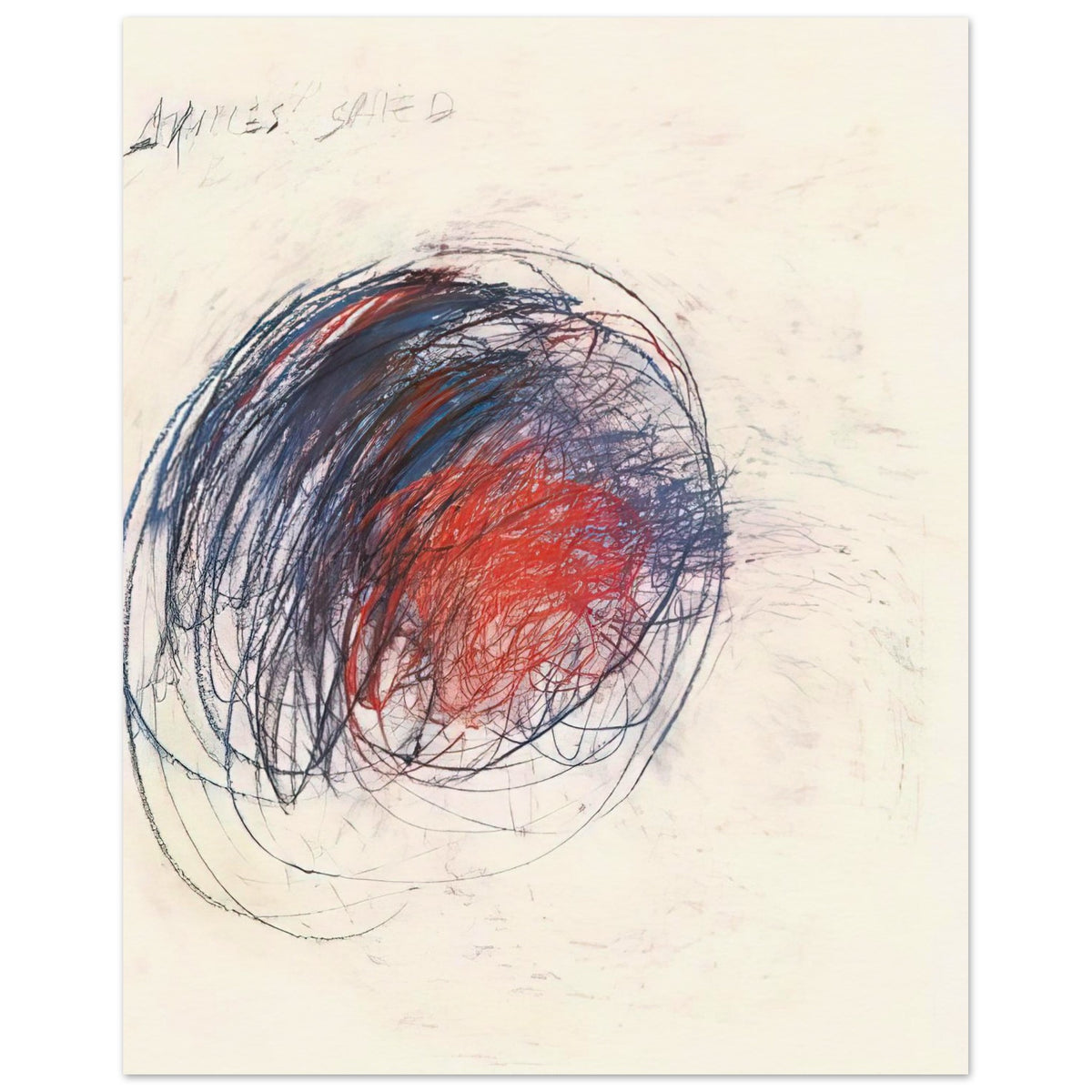 Fifty Days at Iliam: Shield of Achilles by Cy Twombly, poster; intricate black lines, expressive red strokes, deep blue accents