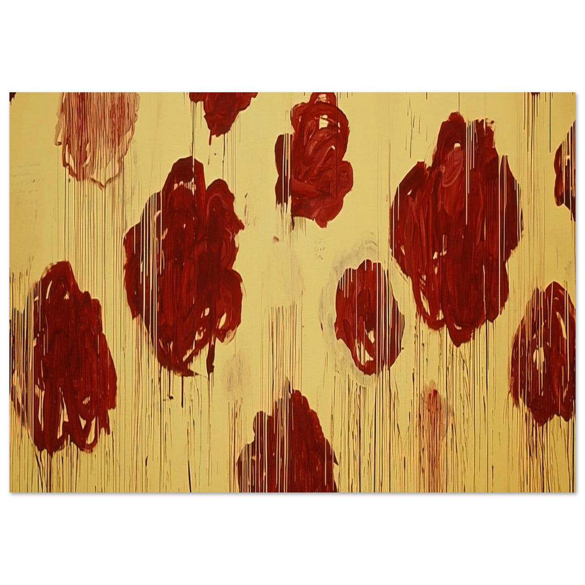 Untitled (Blooming, A Scattering of Blossoms & Other Things) by Cy Twombly poster, 30 × 40 cm / 12 × 16 in: This expressive composition features bold crimson and burgundy forms scattered across a luminous….
