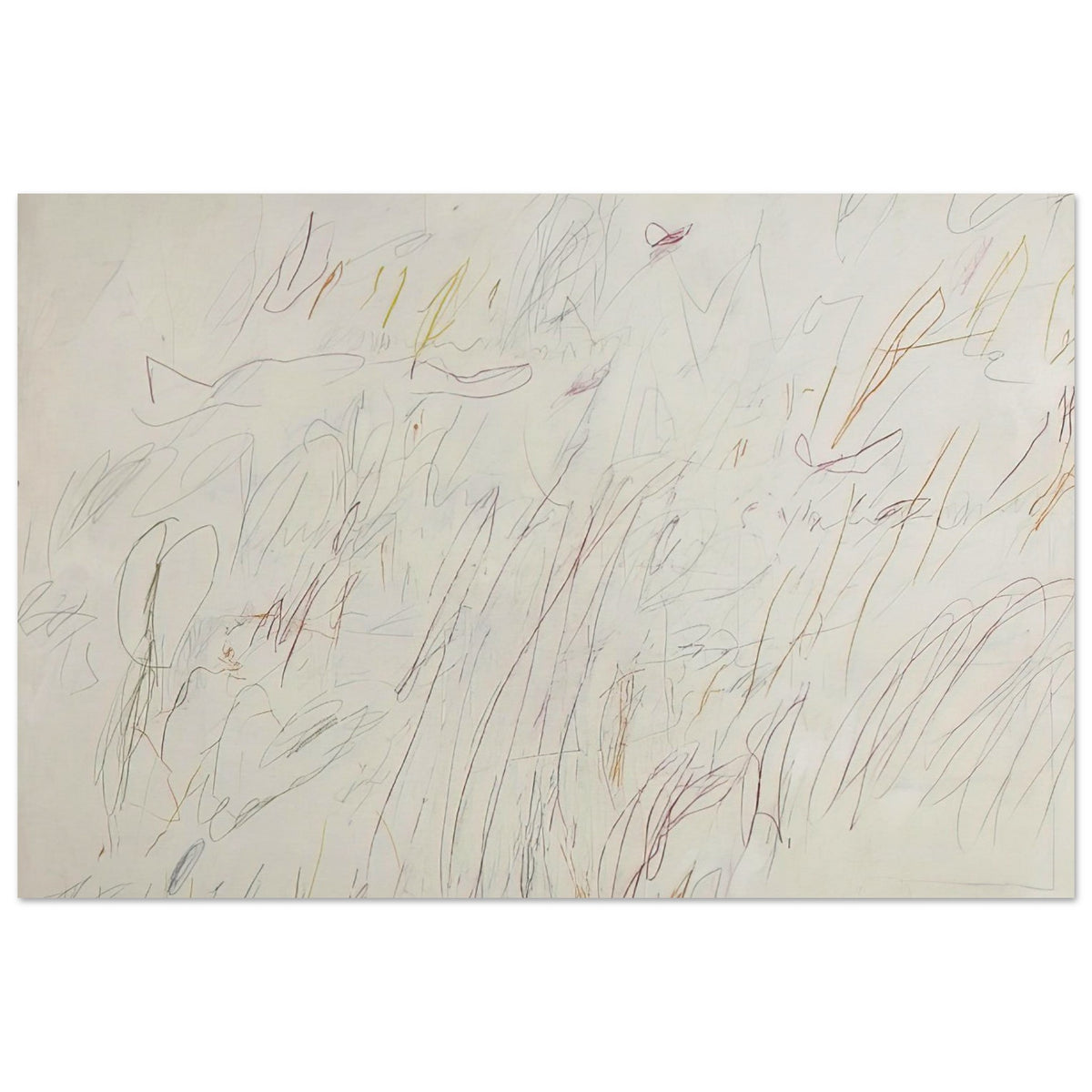Olympia by Cy Twombly poster, 75 × 100 cm / 30 × 40 in: This expressive composition features a pale ivory background covered with delicate pencil-like lines….