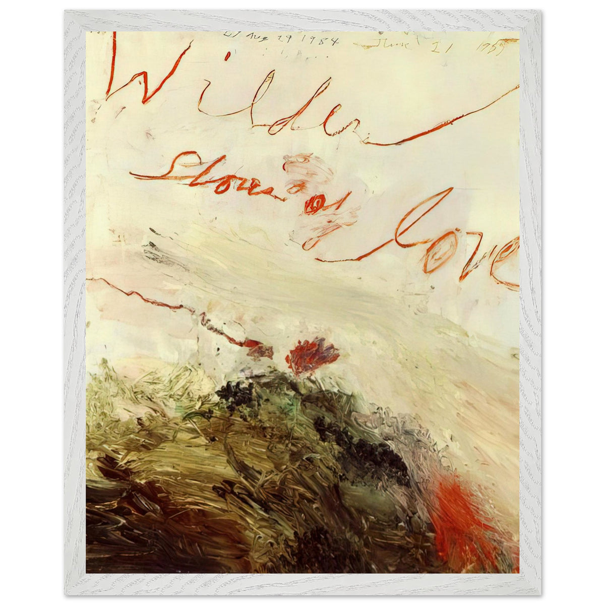 Wilder Shores of Love by Cy Twombly, framed art print, sweeping red and orange handwritten marks, subtle pencil lines, 50x70 cm (20x28 in), white frame