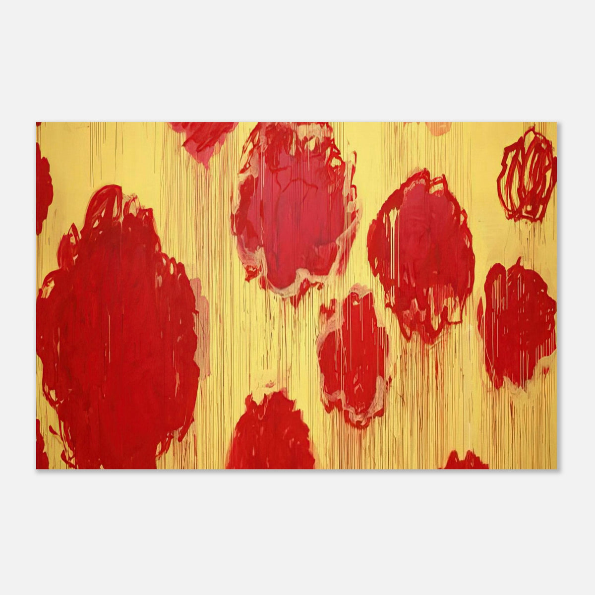 Untitled (Peonias series) by Cy Twombly poster: This expressive composition features bold red and crimson forms against a luminous golden-yellow….