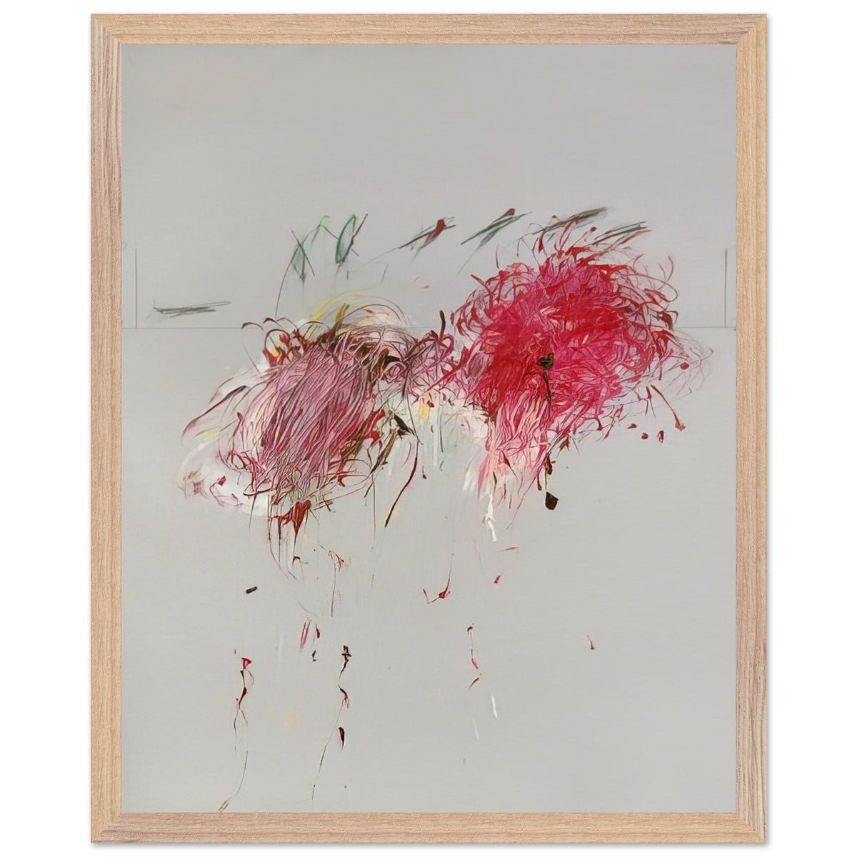 Nicola's Irises by Cy Twombly, framed art print, 40x50 cm / 16x20″, White frame; sweeping red and crimson brushstrokes, delicate pink accents, cool blue details