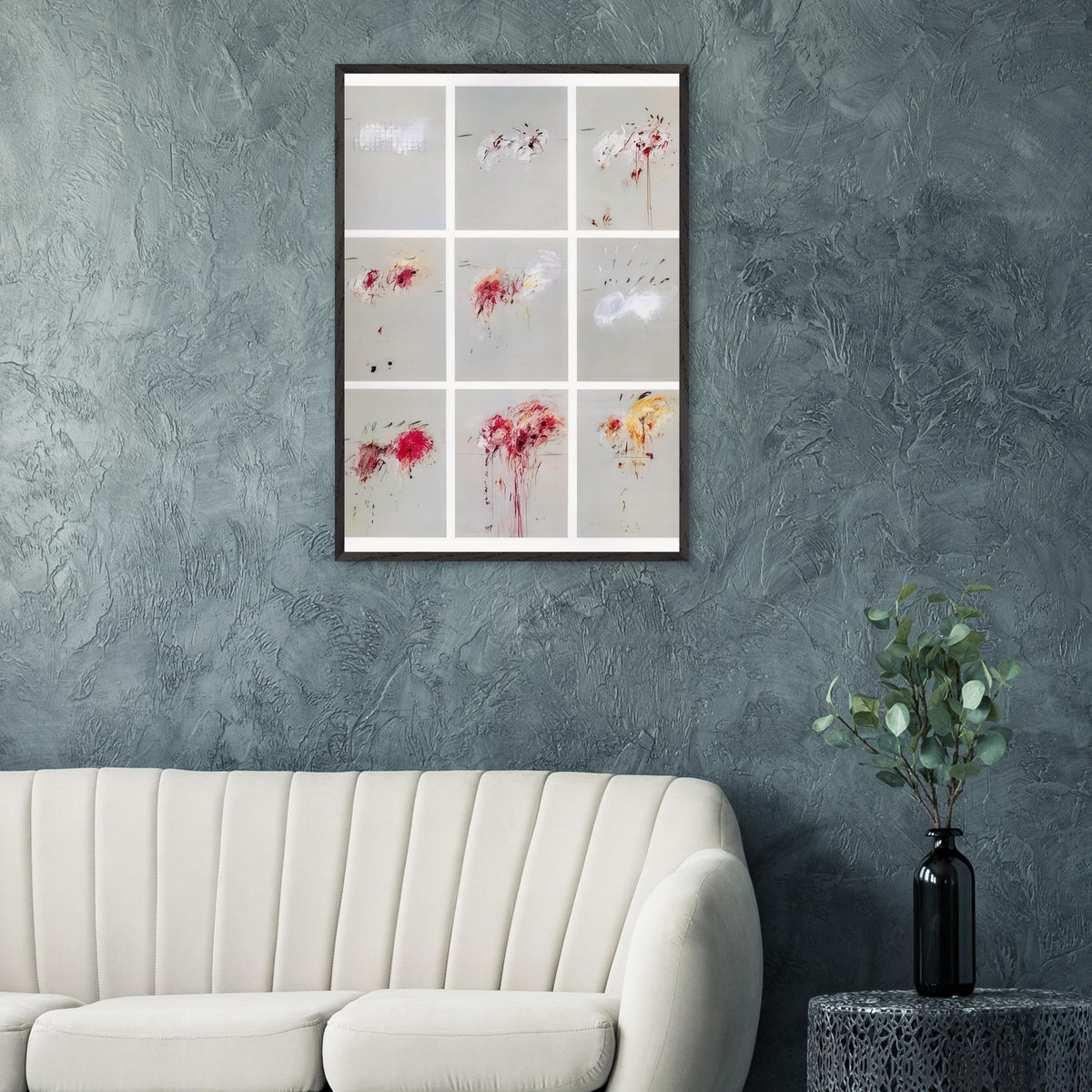 Nine Discourses on Commodus by Cy Twombly, framed art print, nine individual panels distinguished by muted gray backgrounds