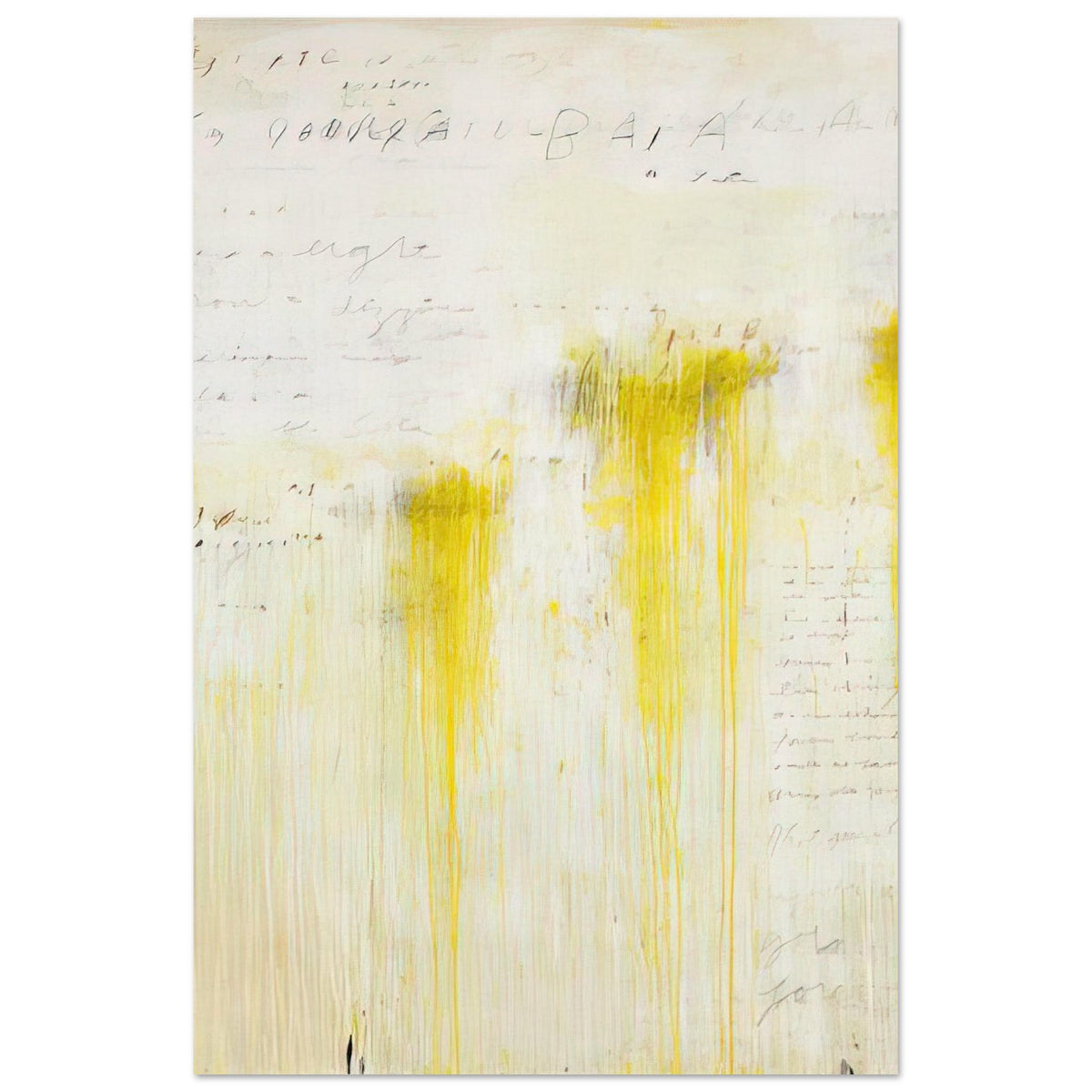 Quattro Stagioni II. Estate by Cy Twombly, poster, luminous yellow washes, flowing vertical paint drips, 20x25 cm (8x10 in)