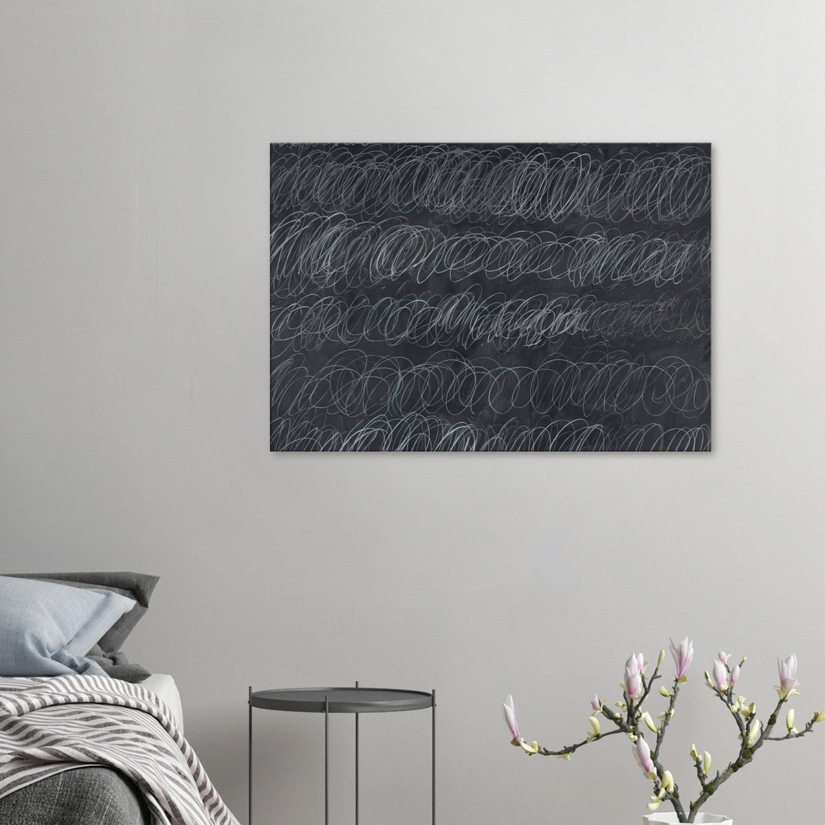 Cold Stream by Cy Twombly canvas print: repeated rows of overlapping white and gray loops across a deep charcoal-gray background.