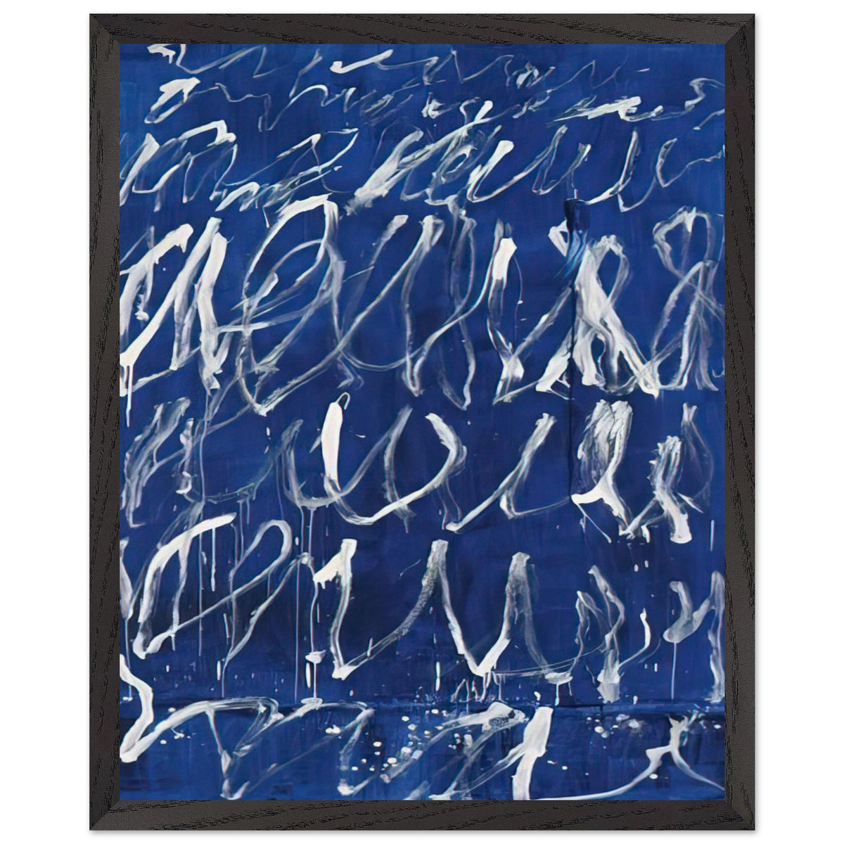 Untitled by Cy Twombly, framed art print, deep blue ground covered with energetic white brushstrokes, looping, 27x35 cm (11x14 in), black frame