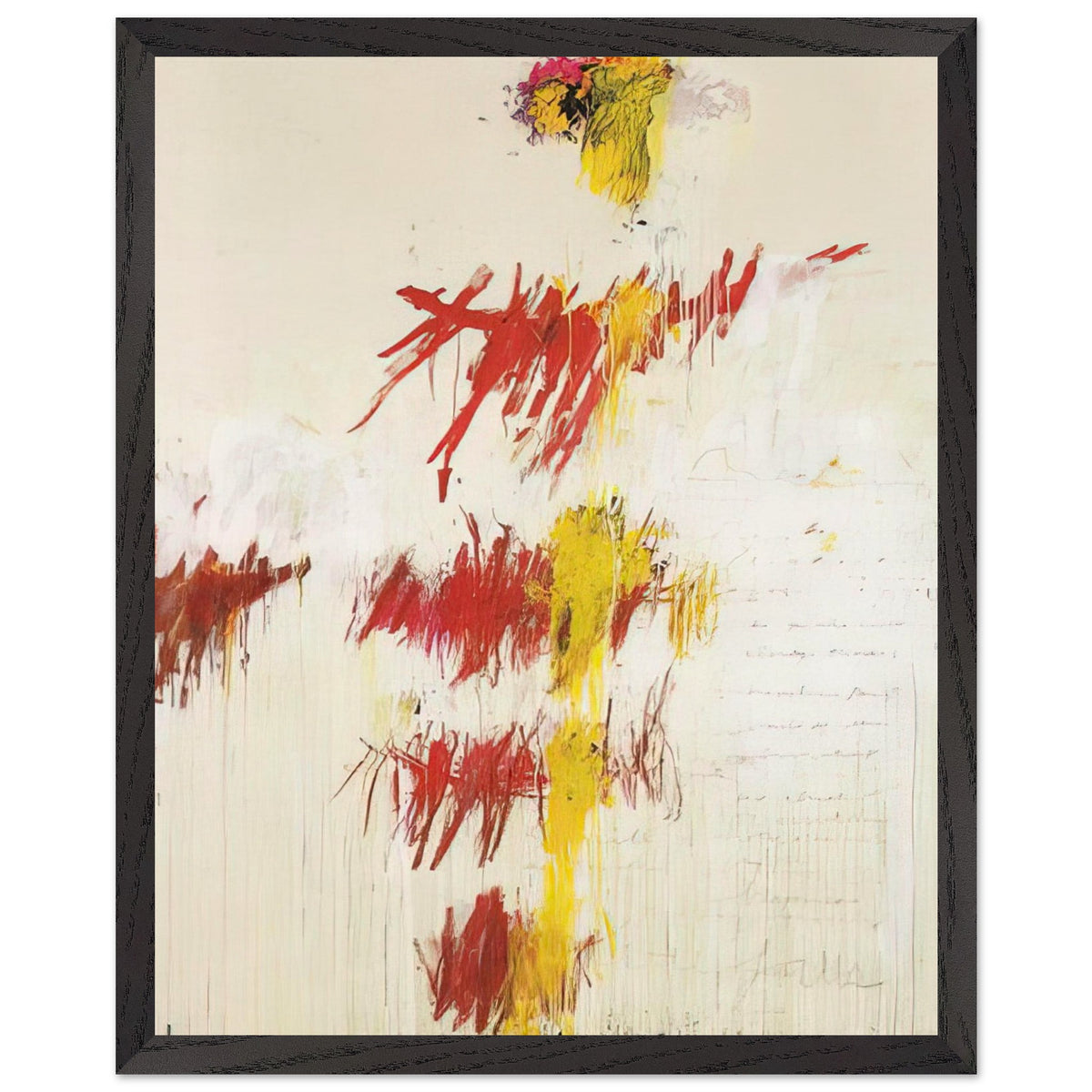 Quattro Stagioni II. Primavera by Cy Twombly, framed art print, energetic red and crimson brushstrokes, luminous yellow accents, 60x80 cm (24x32 in), wood frame