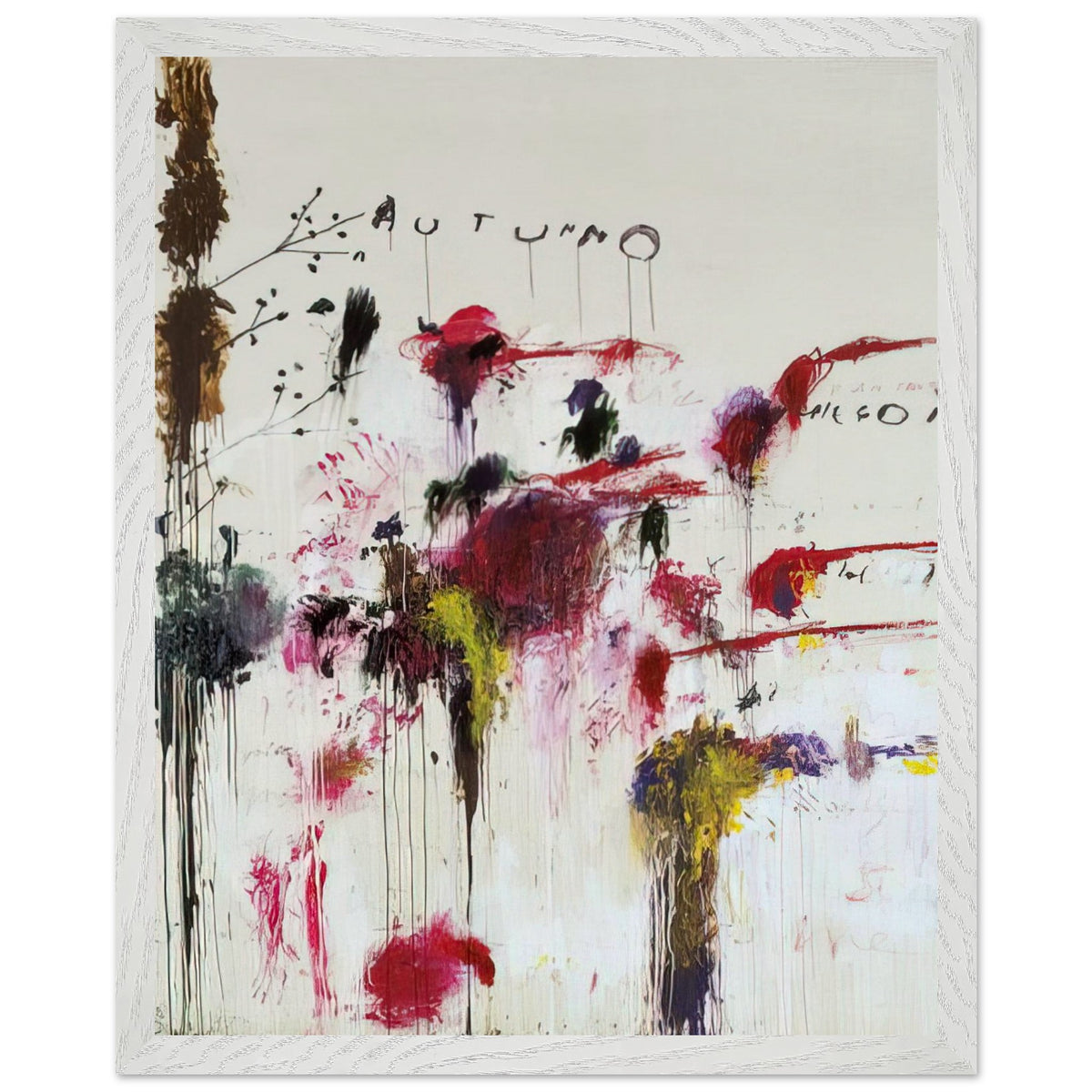 Quattro Stagioni II. Autunno by Cy Twombly, framed art print, bold red and crimson brushstrokes, rich purple and burgundy accents, 40x50 cm (16x20 in), wood frame
