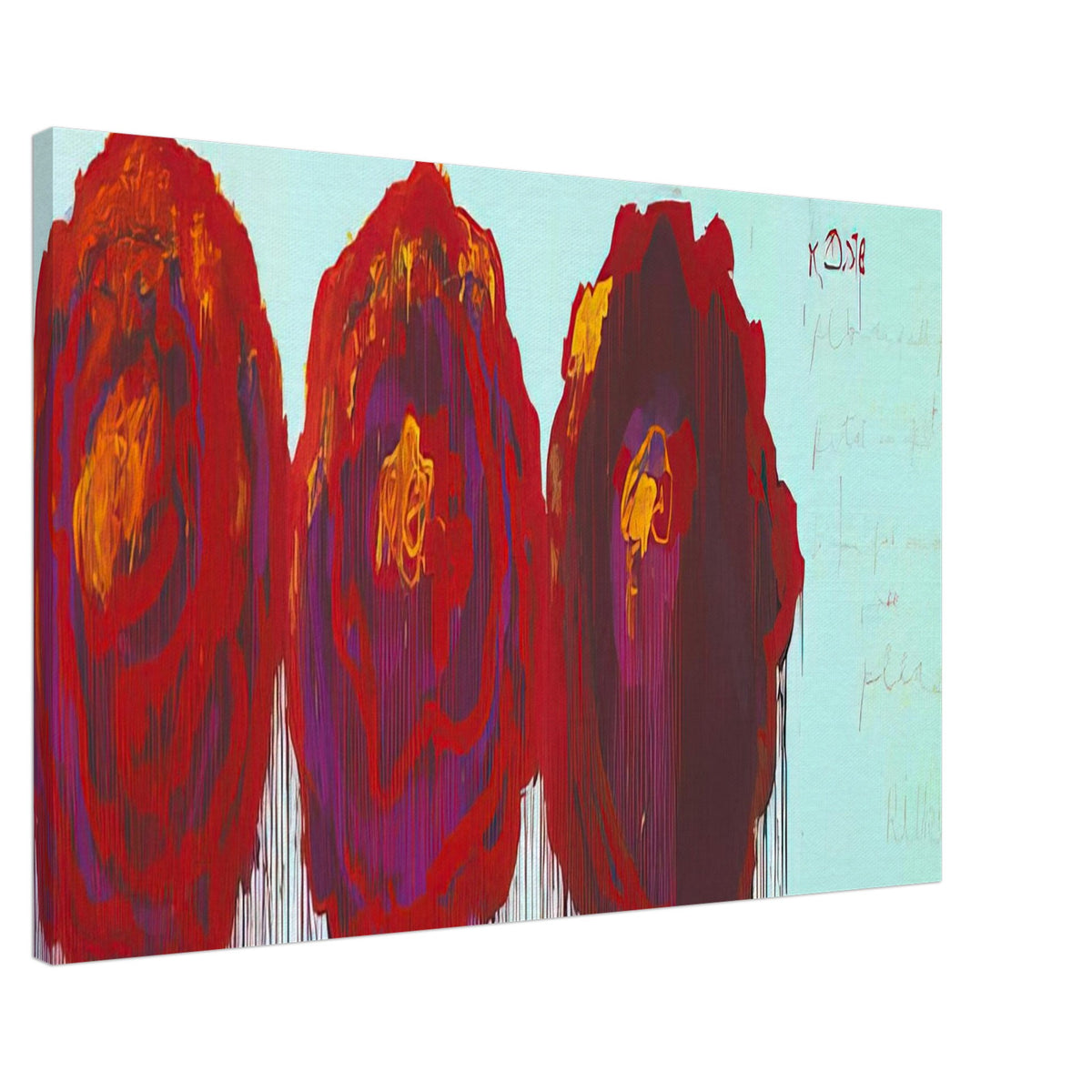 The Rose (IV) by Cy Twombly canvas print, 60 × 90 cm / 24 × 36 in: This striking composition features three large, rose-inspired forms in vivid crimson, red, orange, yellow….