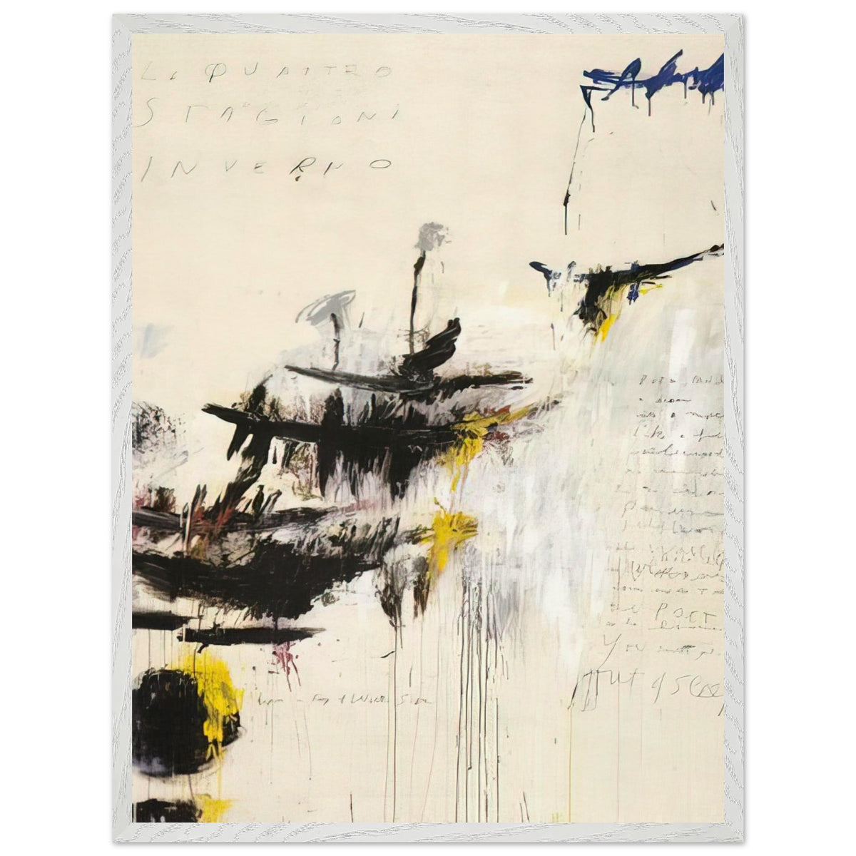 Quattro Stagioni I. Inverno by Cy Twombly, framed art print, bold black brushstrokes, flowing paint drips, 70x100 cm (28x40 in), white frame