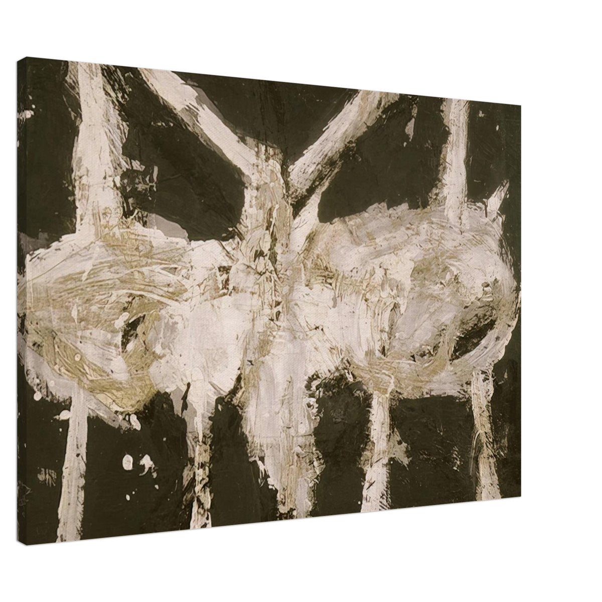 Min-Oe by Cy Twombly canvas print, 40 × 50 cm / 16 × 20 in: This striking composition features thick ivory-white brushstrokes against a deep black background….