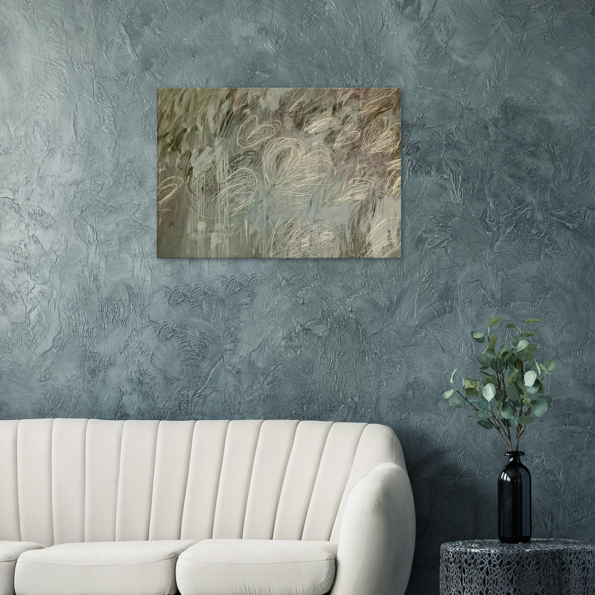 III Notes from Salalah (Note II) by Cy Twombly canvas print: a layered gray-green background covered with sweeping ivory loops, delicate pale lines….