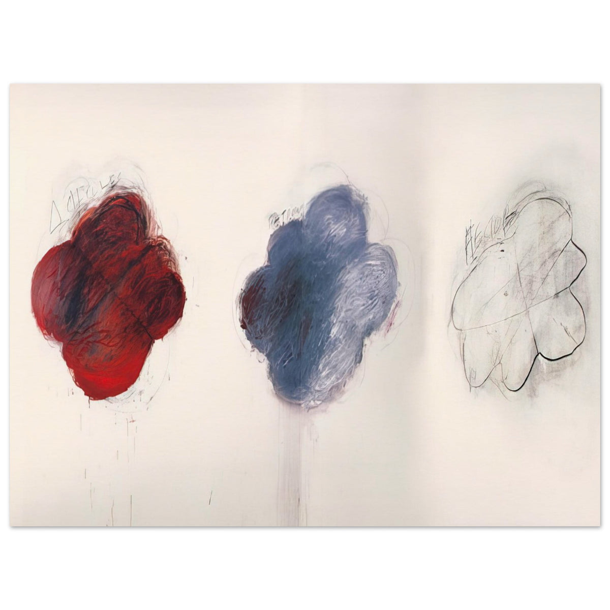 Fifty Days at Iliam: Shades of Achilles, Patroclus, and Hector by Cy Twombly poster, 100 × 150 cm / 40 × 60 in: three cloud-like forms arranged across a pale background: a rich red shape on the left….