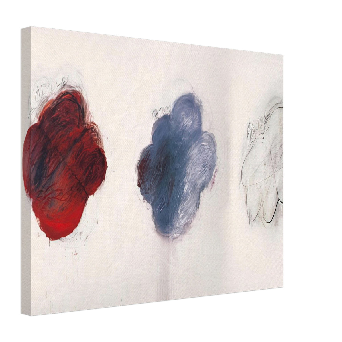 Fifty Days at Iliam: Shades of Achilles, Patroclus, and Hector by Cy Twombly canvas print, 50 × 75 cm / 20 × 30 in: This striking composition features three cloud-like shapes arranged across a pale background: an intense….