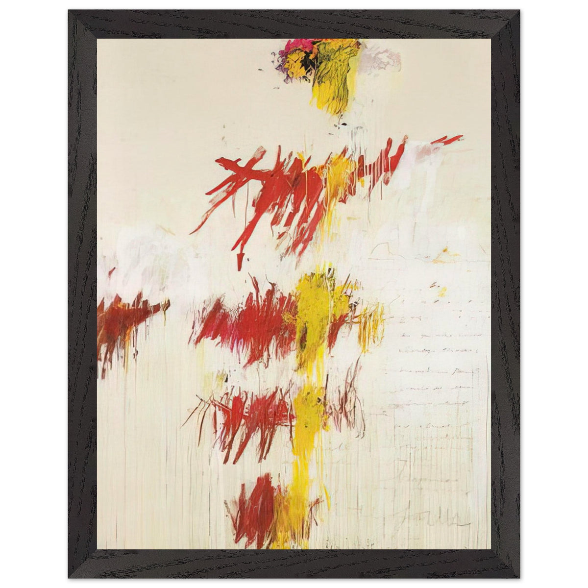 Quattro Stagioni II. Primavera by Cy Twombly, framed art print, energetic red and crimson brushstrokes, luminous yellow accents, 27x35 cm (11x14 in), black frame