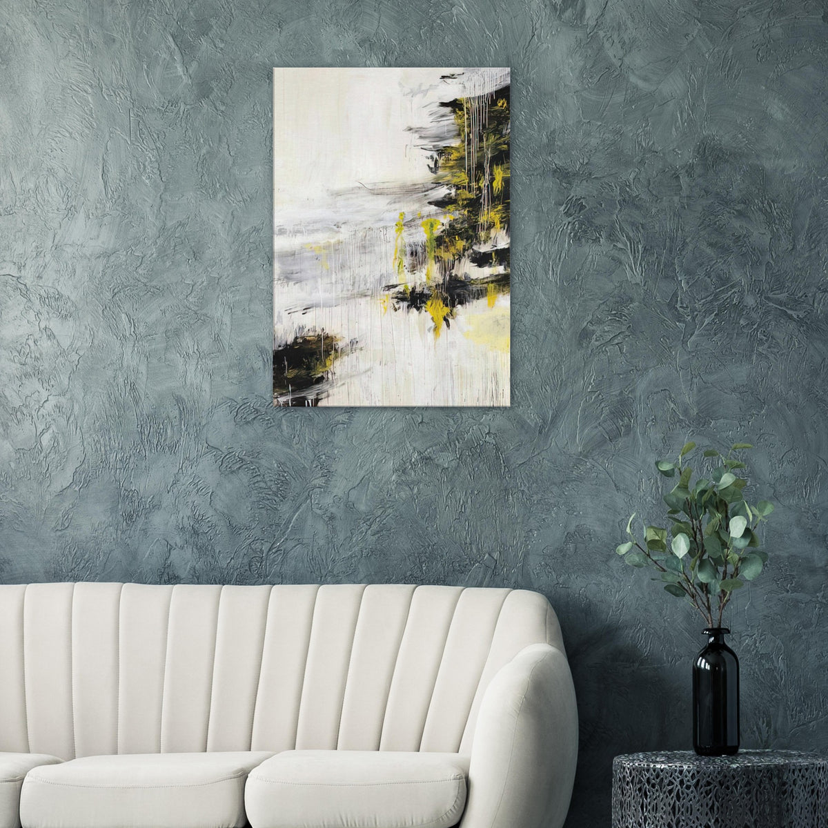 Quattro Stagioni II. Inverno by Cy Twombly, canvas print, bold black brushstrokes, flowing white and gray paint
