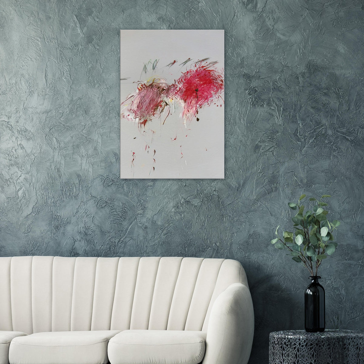 Nicola's Irises by Cy Twombly, canvas print; sweeping red and crimson brushstrokes, delicate pink accents, cool blue details, and dark gestural lines against a pale background