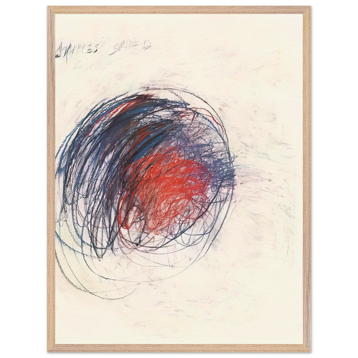 Fifty Days at Iliam: Shield of Achilles by Cy Twombly, framed art print, 60x80 cm / 24x32″, Wood frame; intricate black lines, expressive red strokes, deep blue accents