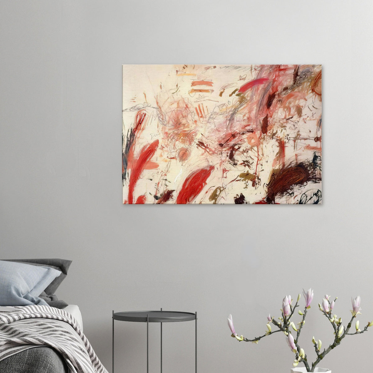 Ferragosto IV by Cy Twombly canvas print: a pale cream background covered with energetic brushstrokes, spontaneous lines, and layered marks in red….