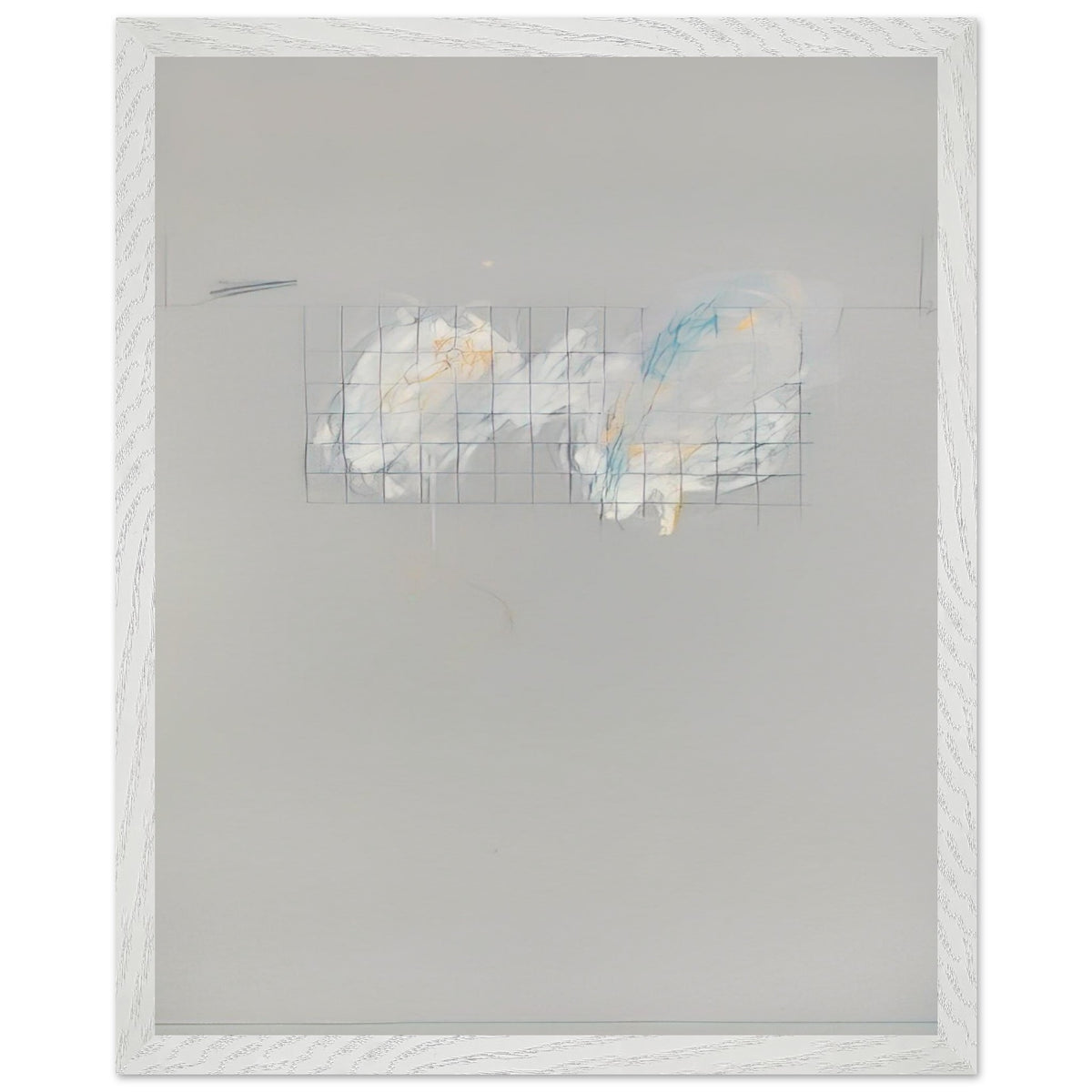 Nine Discourses on Commodus, Part I by Cy Twombly, framed art print, 50x70 cm / 20x28″, Wood frame; a muted gray background, a delicate grid of intersecting lines