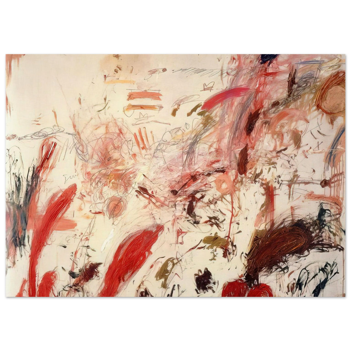 Ferragosto IV by Cy Twombly poster, 30 × 40 cm / 12 × 16 in: This expressive composition features a warm cream background layered with energetic red, pink, orange….