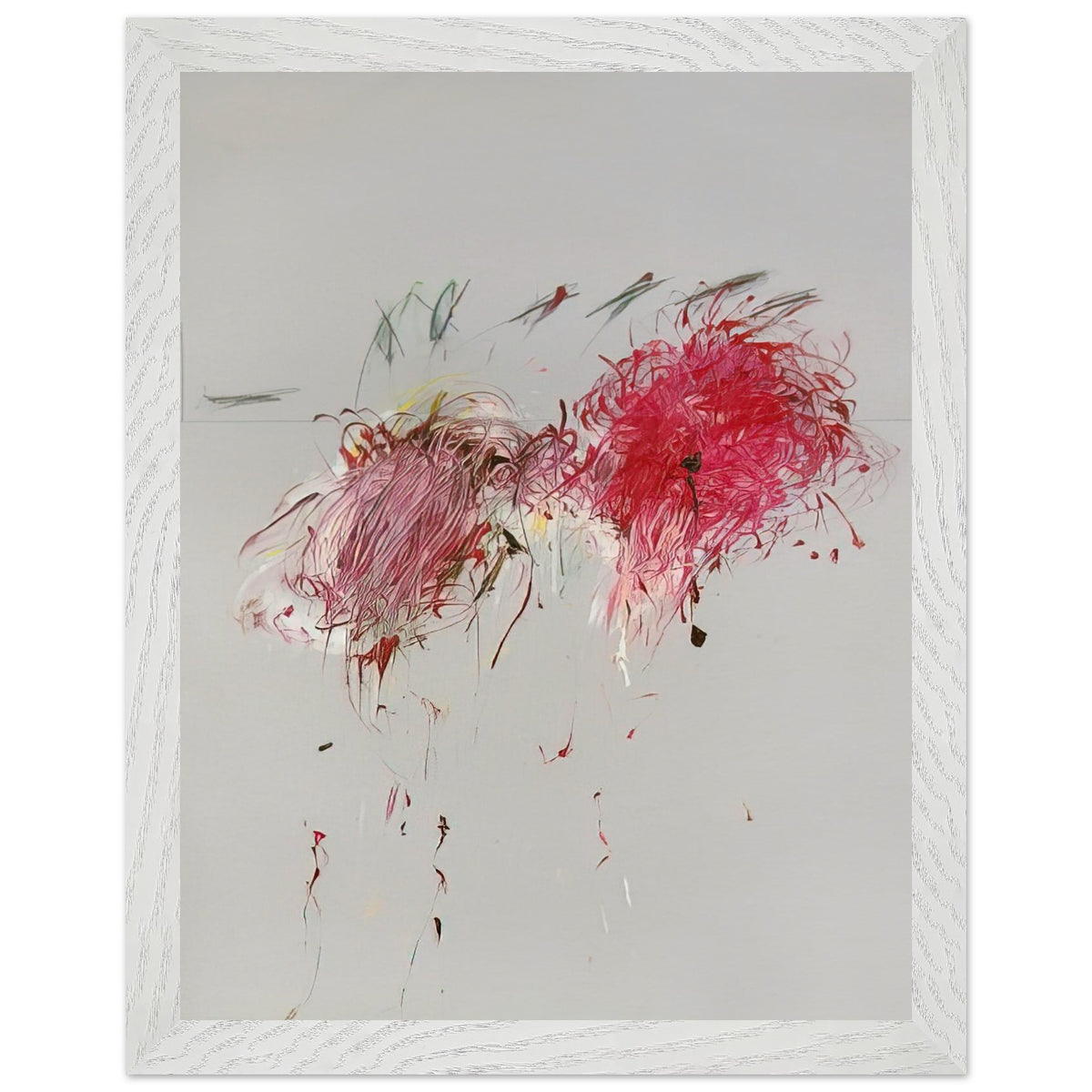 Nicola's Irises by Cy Twombly, framed art print, 40x50 cm / 16x20″, Wood frame; sweeping red and crimson brushstrokes, delicate pink accents, cool blue details