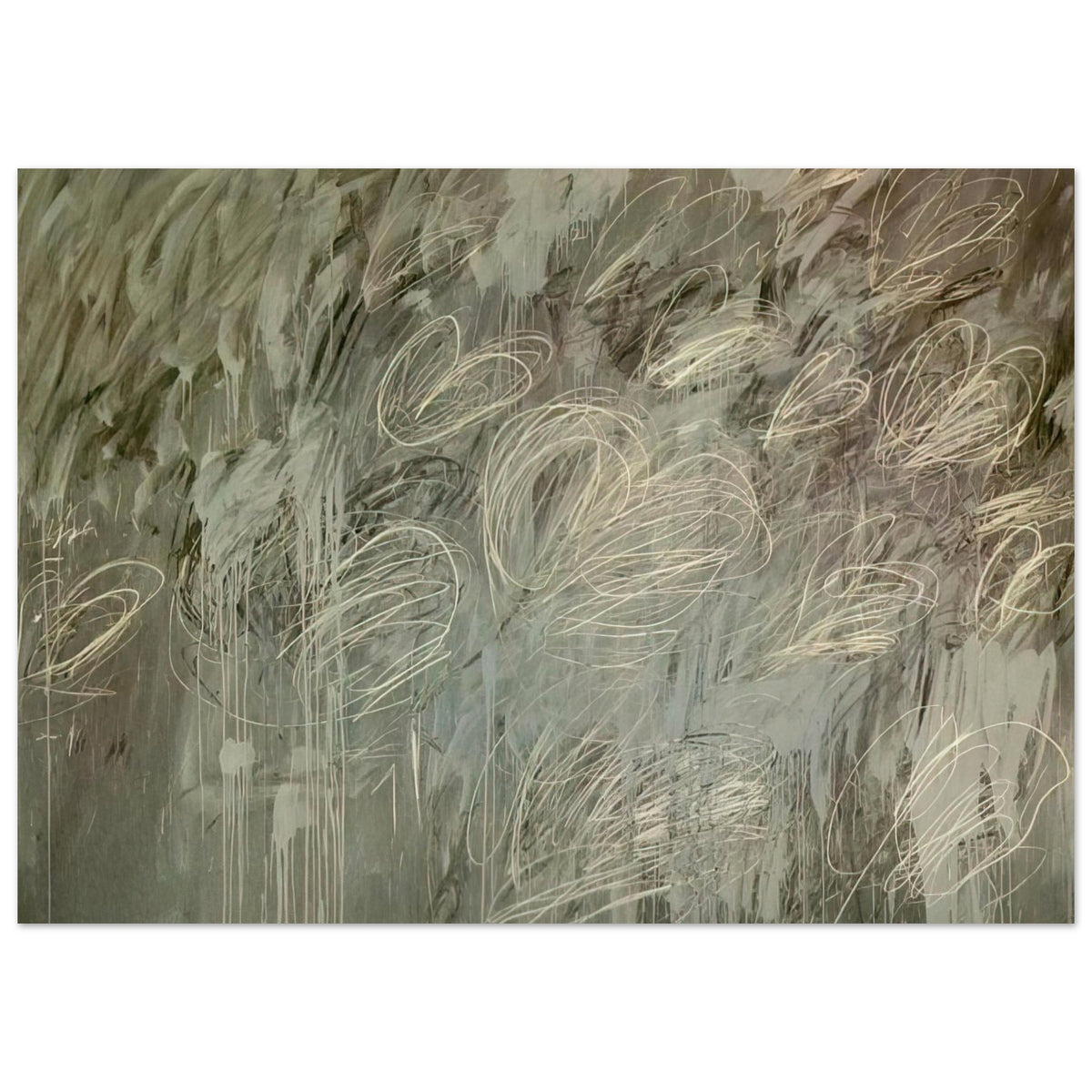 III Notes from Salalah (Note II) by Cy Twombly poster, 100 × 150 cm / 40 × 60 in: This expressive composition features a layered gray-green background covered with delicate ivory and pale….