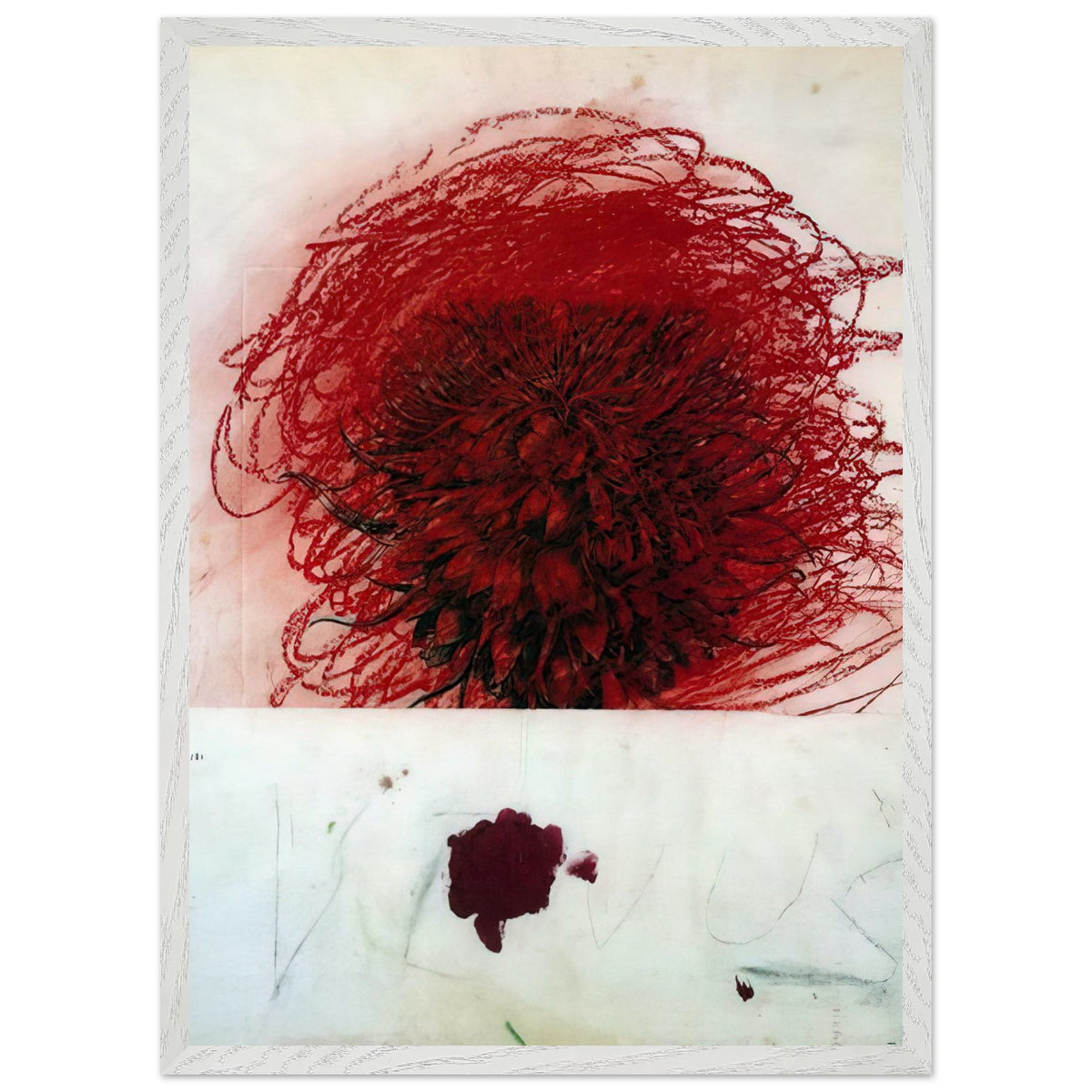 Pan II by Cy Twombly, framed art print, dense red and crimson form, surrounded by sweeping dark strokes and, 70x100 cm (28x40 in), black frame