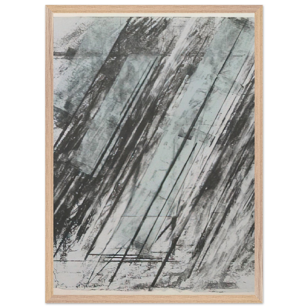 Untitled (Bastian 38) by Cy Twombly, framed art print, powerful diagonal strokes, layered black and gray marks, 70x100 cm (28x40 in), wood frame