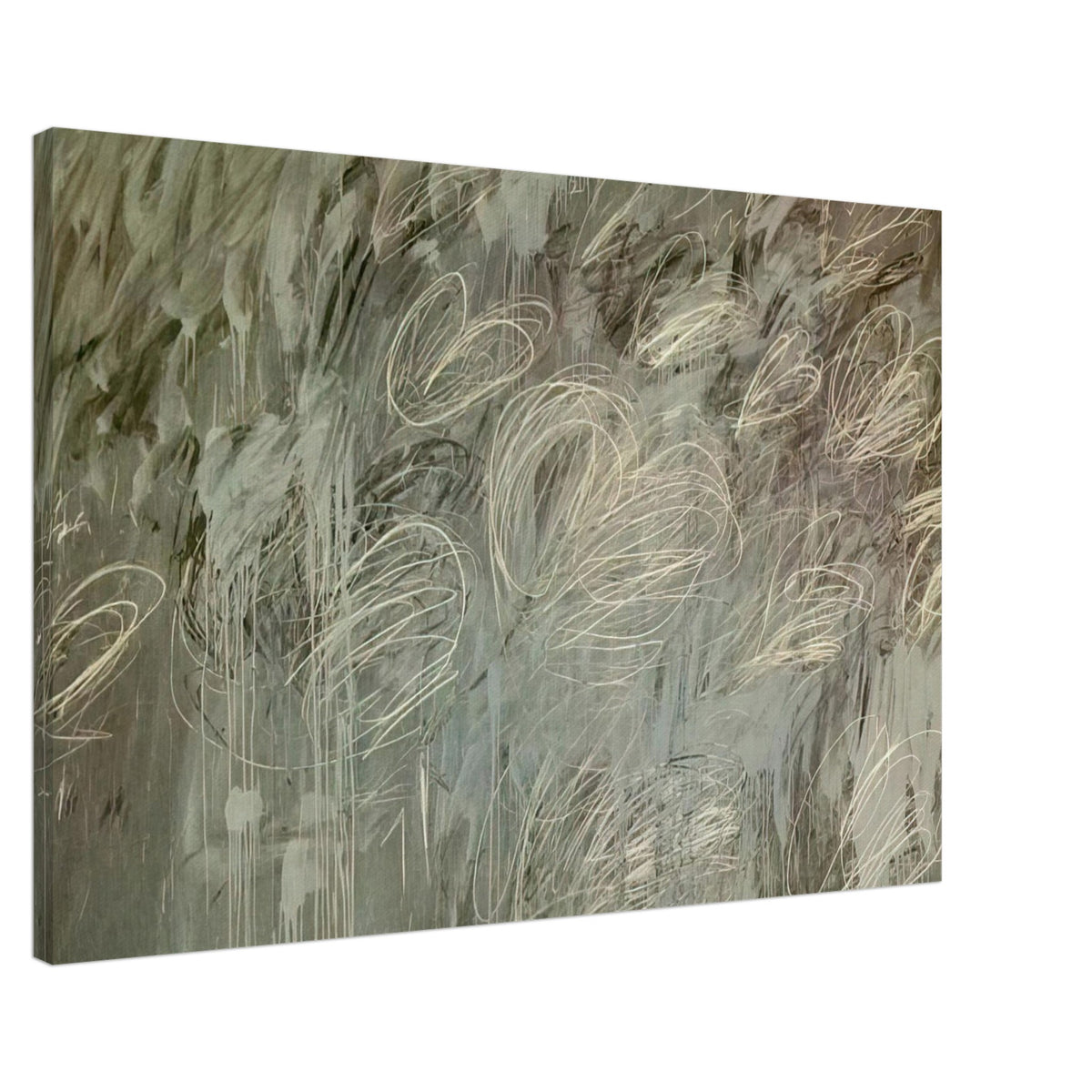 III Notes from Salalah (Note II) by Cy Twombly canvas print, 50 × 75 cm / 20 × 30 in: a layered gray-green background covered with sweeping ivory loops, delicate pale lines….