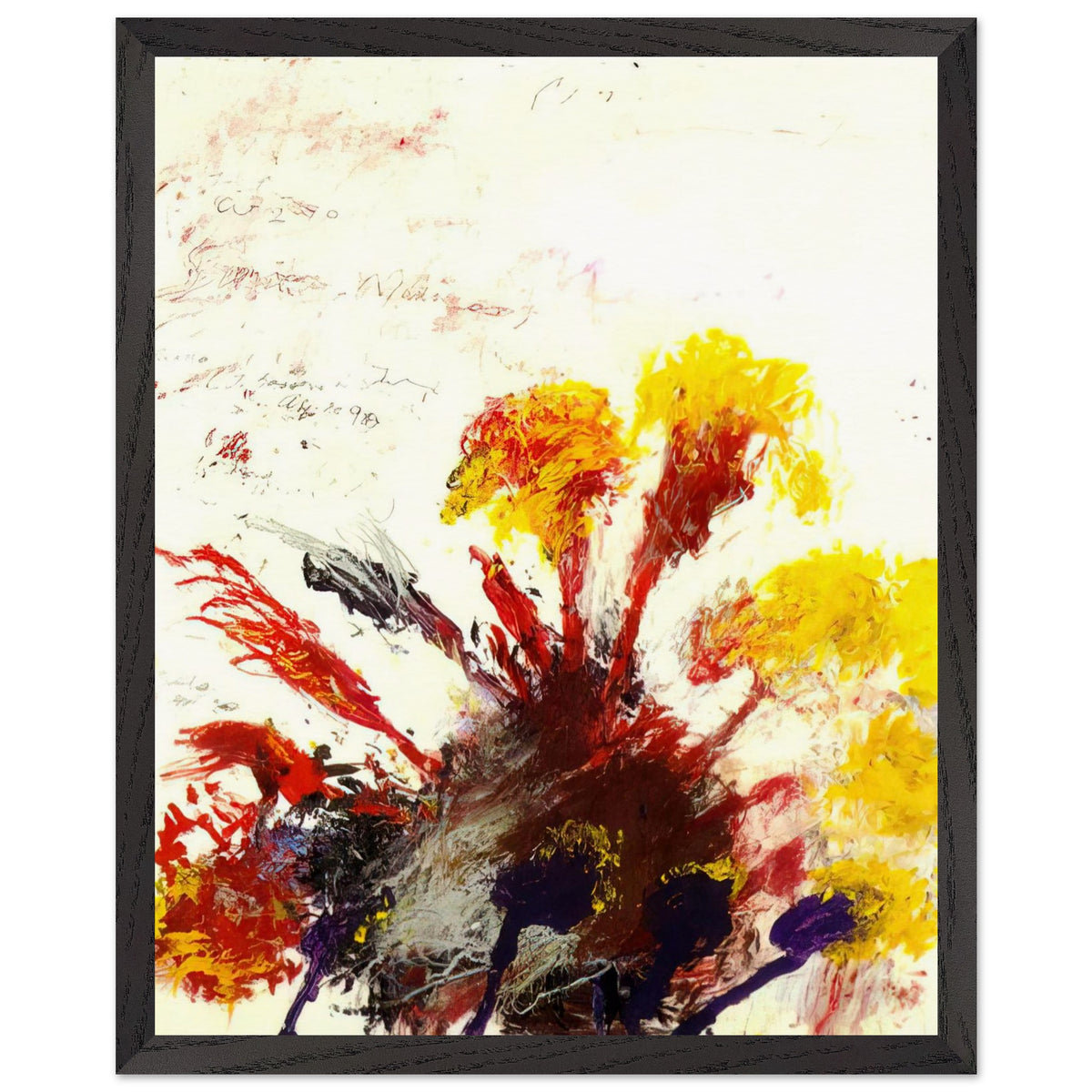 Summer Madness by Cy Twombly, framed art print, energetic red and crimson brushstrokes with bright yellow, orange, 70x100 cm (28x40 in), wood frame