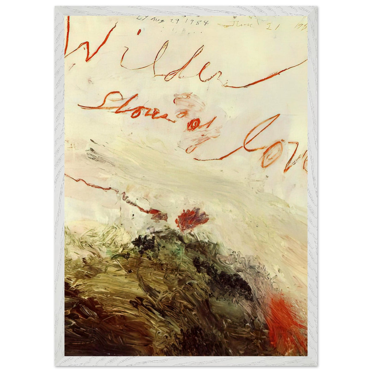 Wilder Shores of Love by Cy Twombly, framed art print, sweeping red and orange handwritten marks, subtle pencil lines, 40x50 cm (16x20 in), black frame