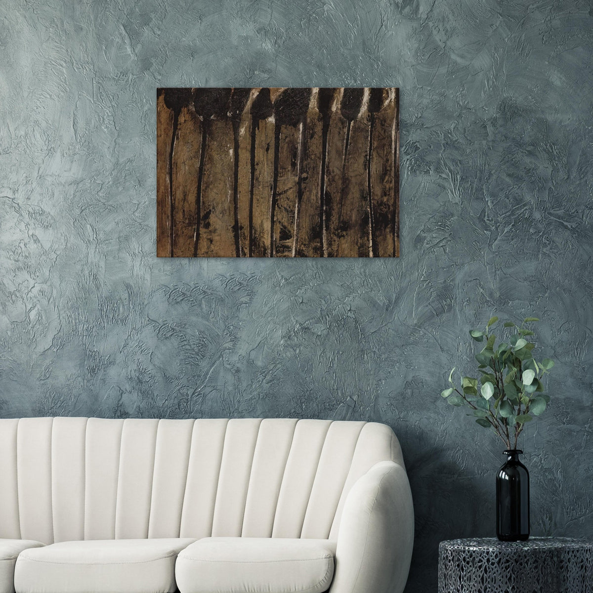 Solon I by Cy Twombly canvas print: This striking composition features elongated black and dark brown forms set against a textured background….