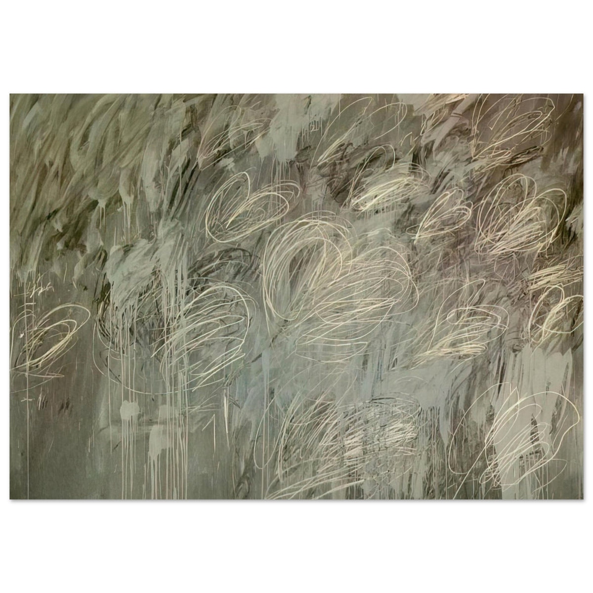 III Notes from Salalah (Note II) by Cy Twombly poster, 50 × 70 cm / 20 × 28 in: This expressive composition features a layered gray-green background covered with delicate ivory and pale….