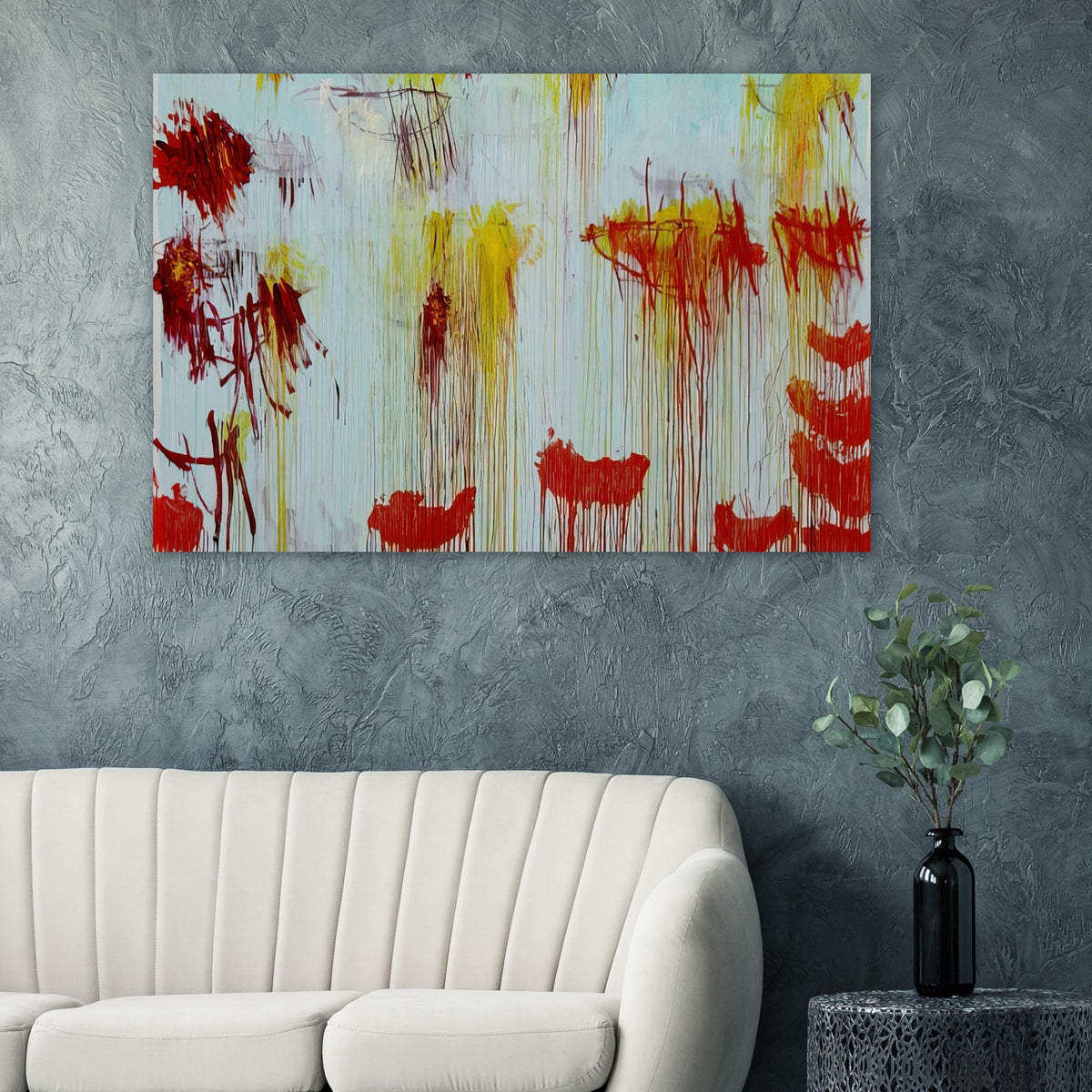 Lepanto, Part XI by Cy Twombly poster: This expressive composition features a luminous pale turquoise background covered with energetic red….