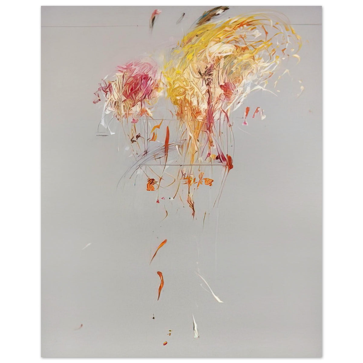 Nine Discourses on Commodus, Part IX by Cy Twombly, poster, muted gray background, energetic strokes of yellow and gold, 60x80 cm (24x32 in)
