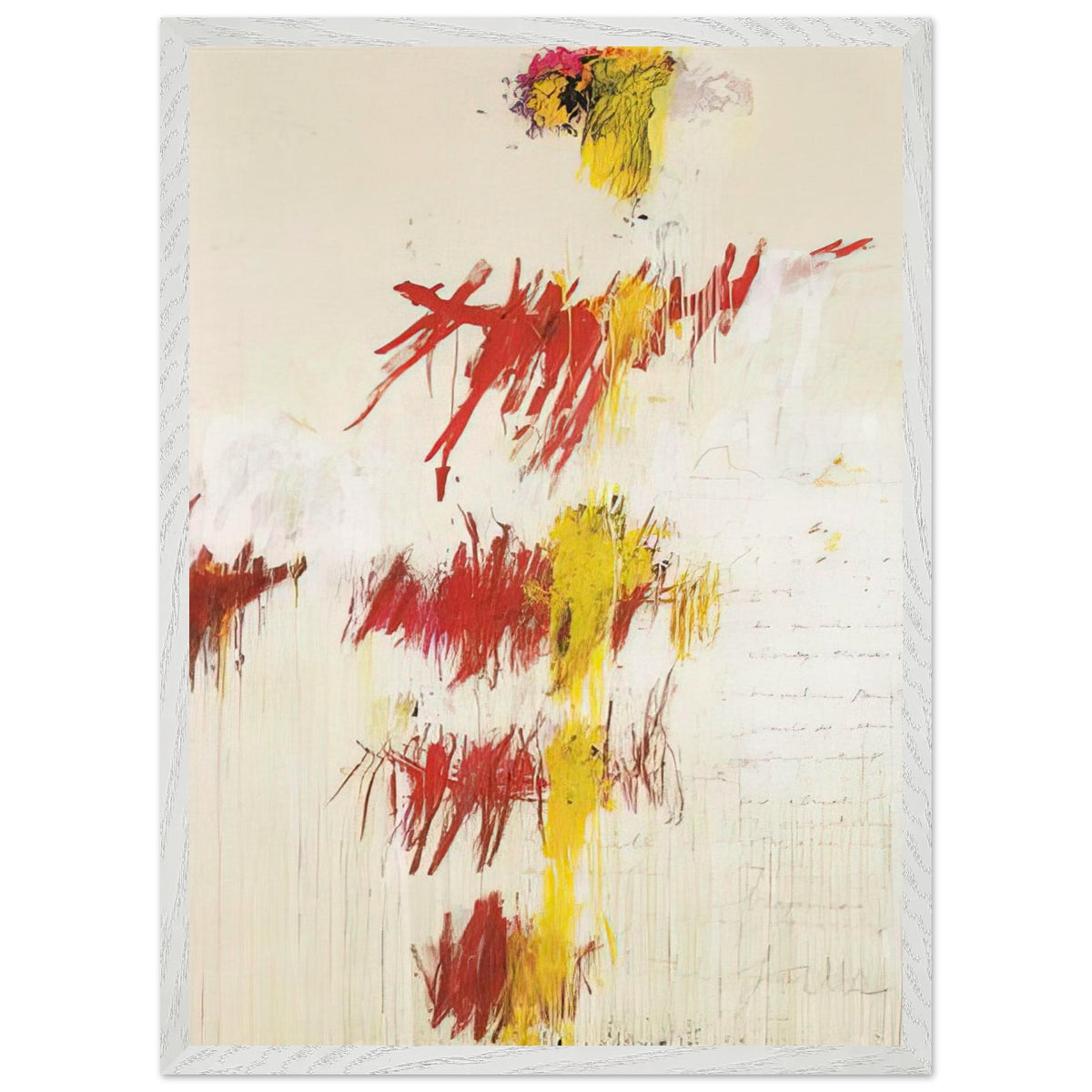 Quattro Stagioni II. Primavera by Cy Twombly, framed art print, energetic red and crimson brushstrokes, luminous yellow accents, 70x100 cm (28x40 in), wood frame