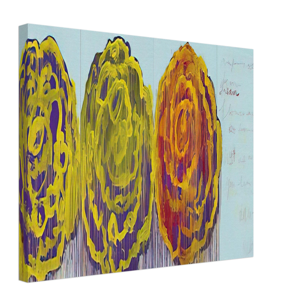 The Rose (III) by Cy Twombly canvas print, 60 × 90 cm / 24 × 36 in: This striking composition features three large, rose-inspired forms in vivid yellow, orange, green….