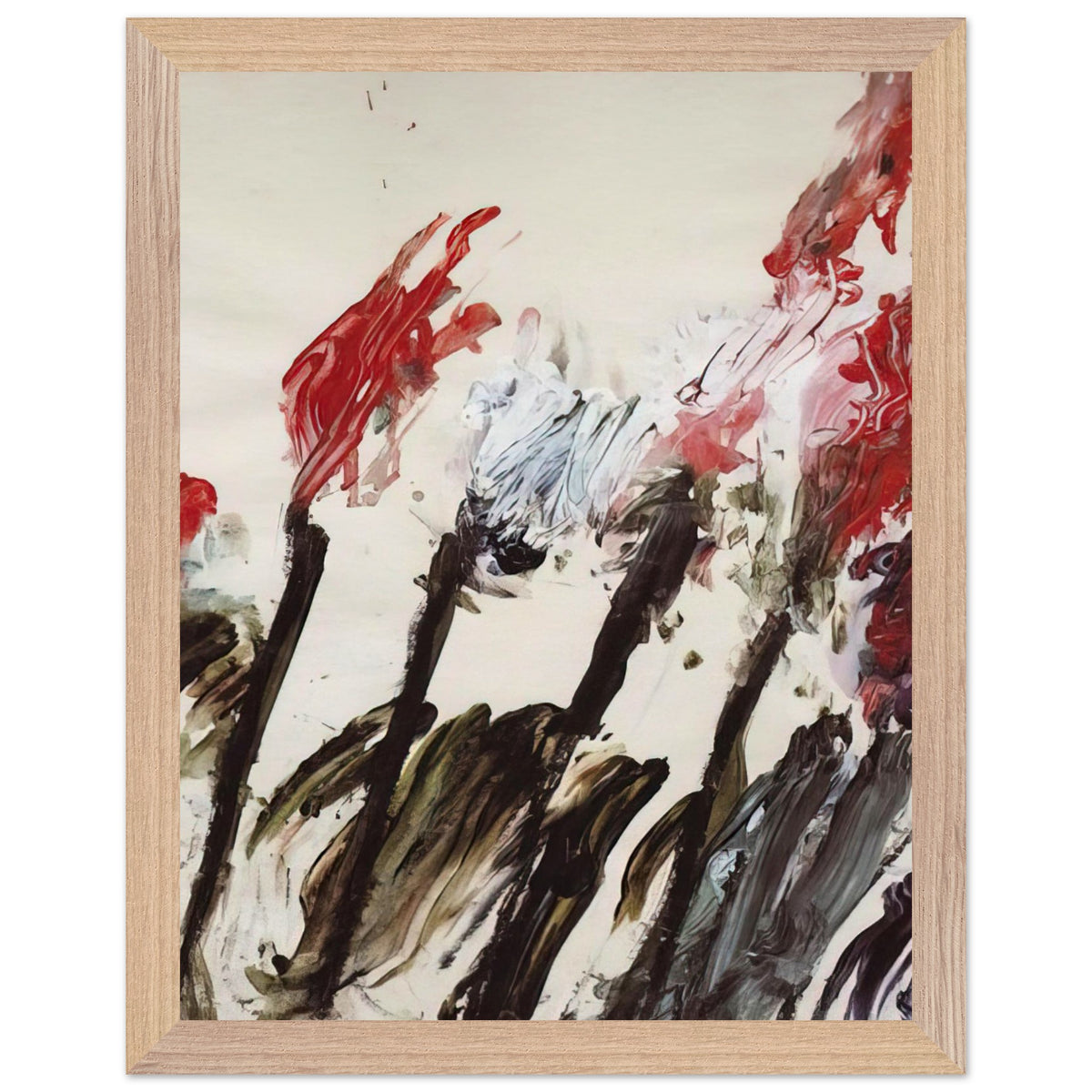 Nicola's Irises by Cy Twombly, framed art print, 40x50 cm / 16x20″, Wood frame; sweeping red and crimson brushstrokes, delicate pink accents, cool blue details