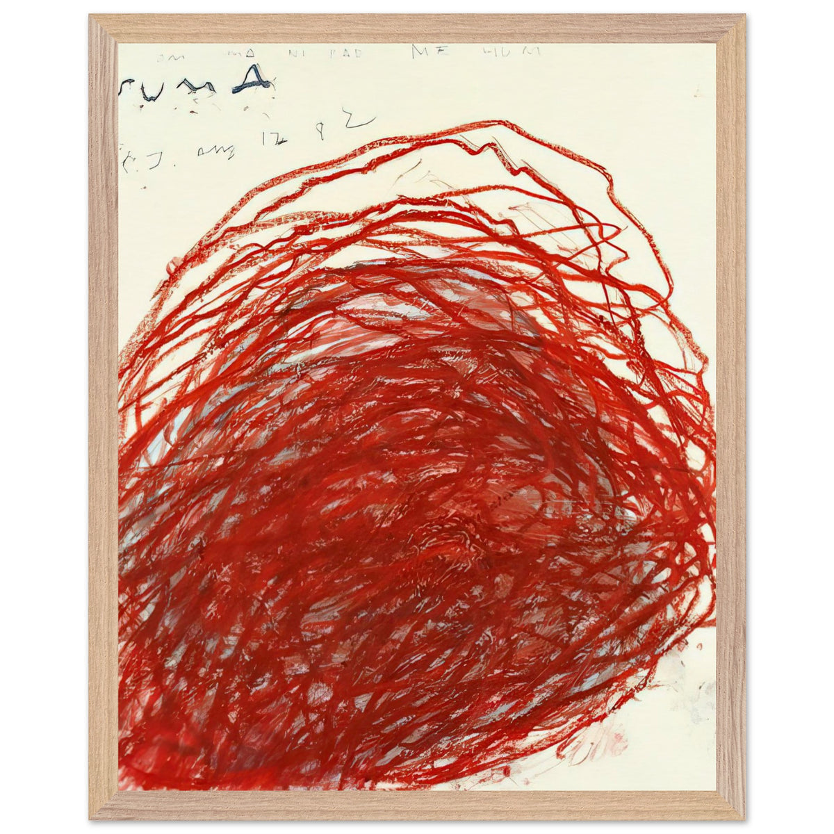 Suma by Cy Twombly, framed art print, sweeping red and crimson lines that overlap and curve across a warm, 70x100 cm (28x40 in), wood frame